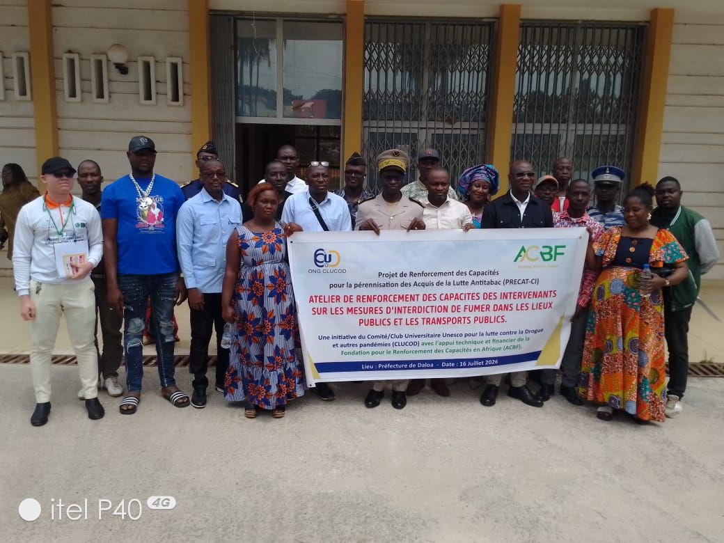 Atelier de renforcement des capacités sur l'interdiction de fumer dans les lieux publics organisé par l'ONG CLUCOD à Daloa, le 16 juillet 2026.