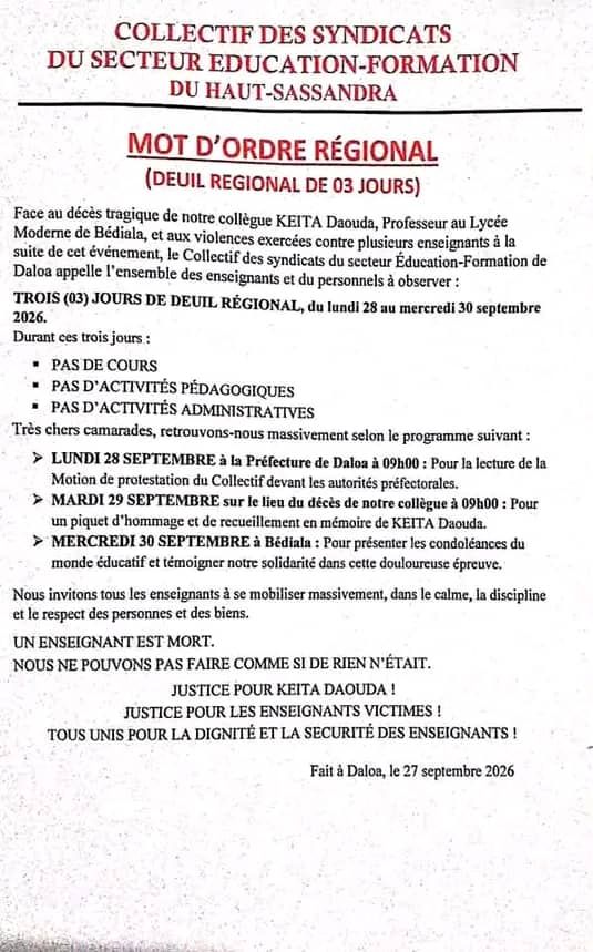 Bédiala : Après la mort de leur collègue, les enseignants du Haut-Sassandra observent 3 jours de deuil régional