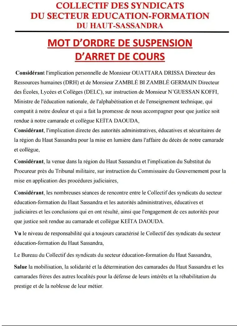 Les enseignants rassemblés à Bédiala en hommage à leur collègue Keïta Daouda